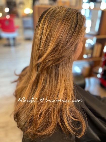 Long brown hair with caramel highlights and dimensional color by Cristal D. in Wailuku, Maui